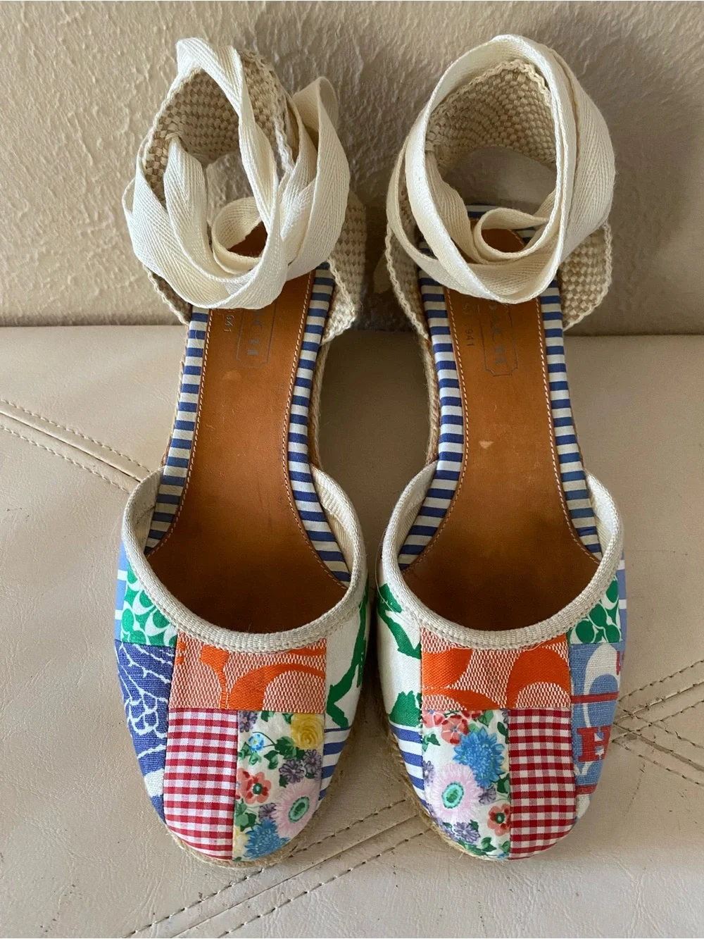 Coach Y2K Patchwork Espadrille Wedge Sandals with Ankle Tie Preppy Size 8